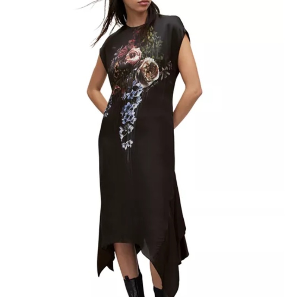 All Saints Gian Sabrina Asymmetrical Dress with Edgy Floral Print